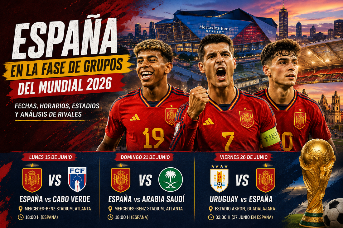 Jugadores de la selección española durante la fase de grupos del Mundial 2026 con calendario de partidos frente a Cabo Verde, Arabia Saudí y Uruguay en Atlanta y Guadalajara.
