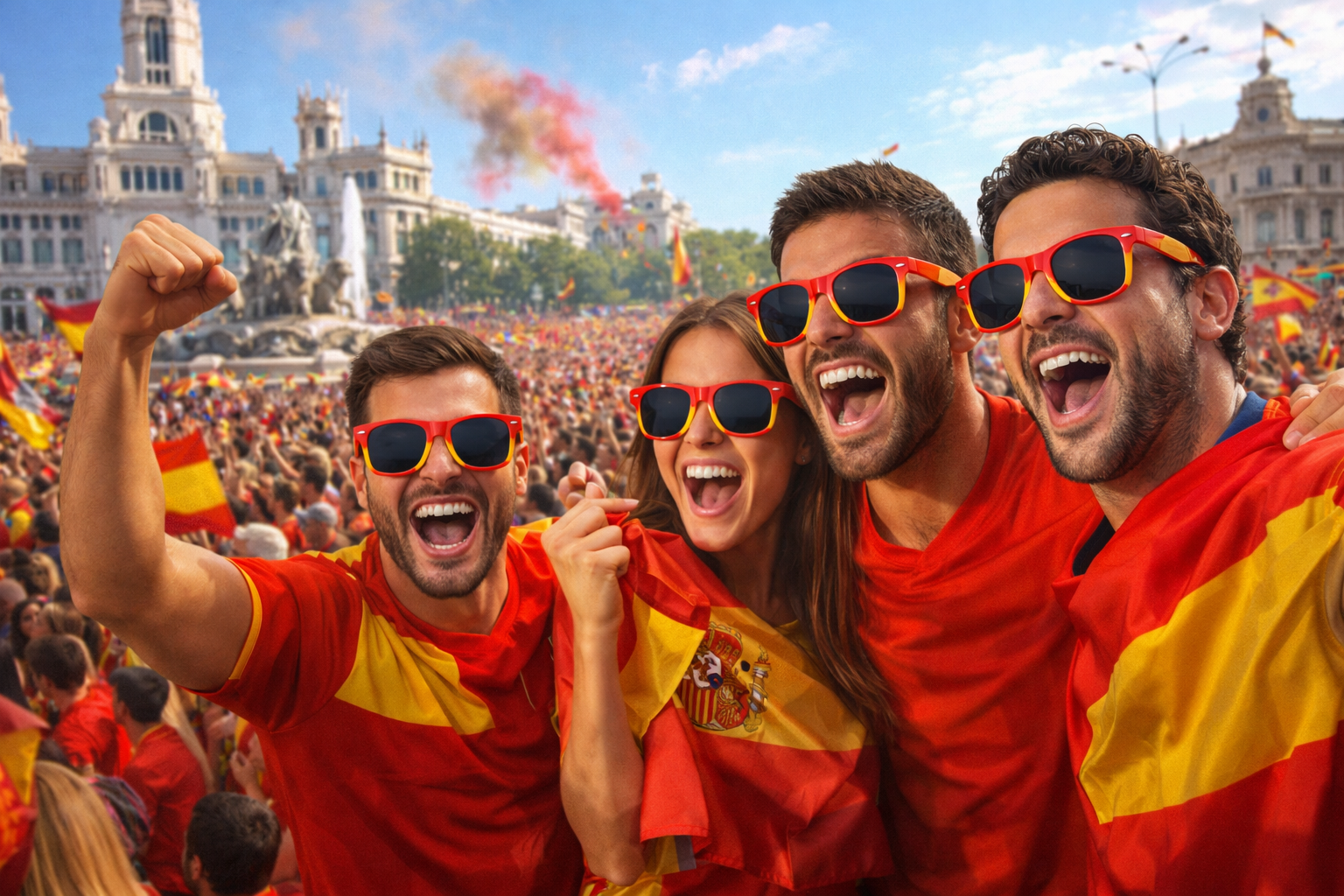 Grupo de aficionados celebrando un gol de España mientras llevan gafas de sol Gafas de Gol con los colores de la bandera española en una multitud festiva durante el Mundial 2026.