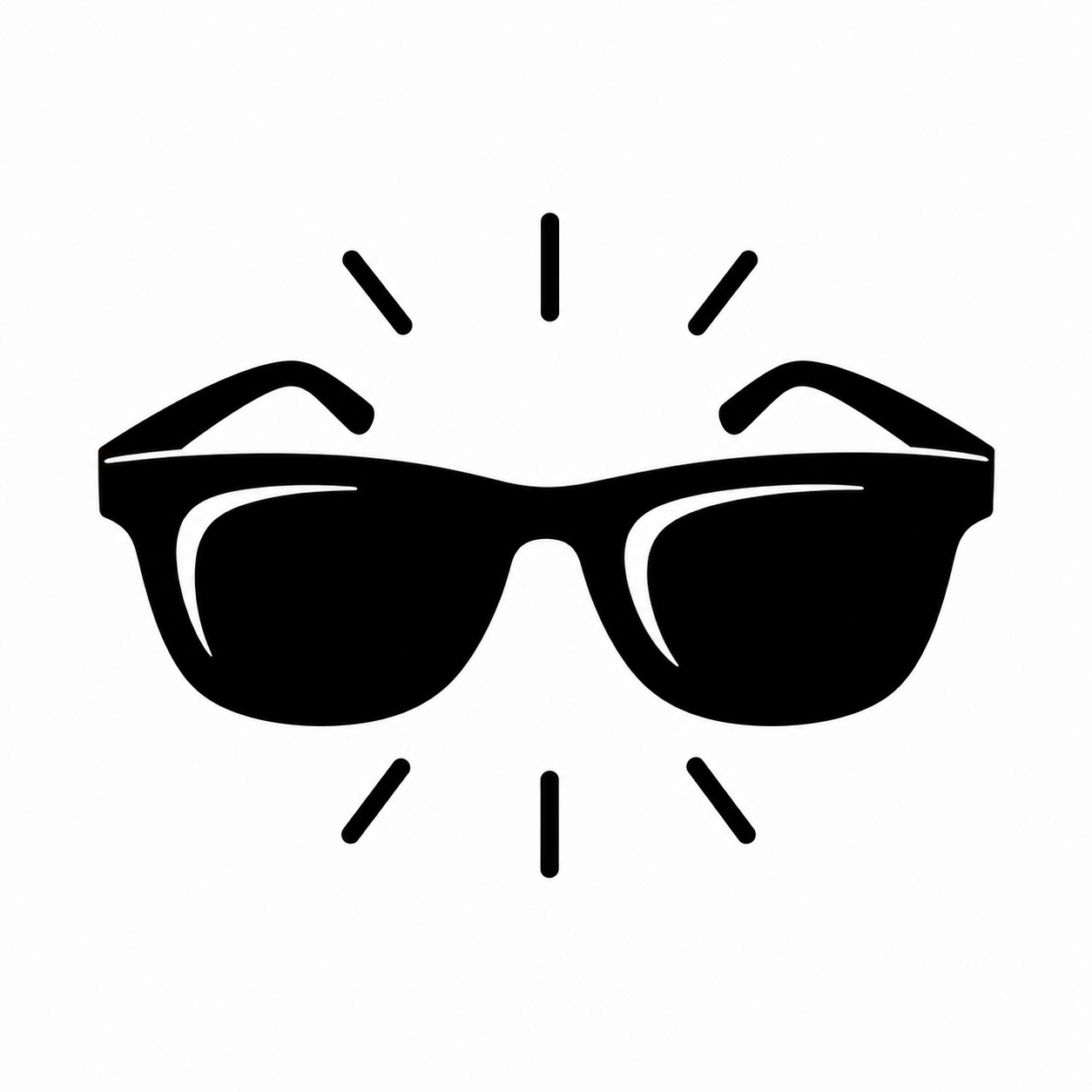 Icono de gafas de sol con destellos alrededor que representan un diseño llamativo, moderno y con personalidad para destacar en eventos, festivales y partidos de fútbol.