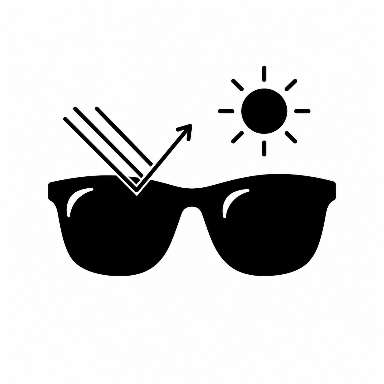Icono de lentes polarizadas que muestra unas gafas de sol bloqueando reflejos de la luz solar, representando reducción del deslumbramiento y mayor claridad visual.