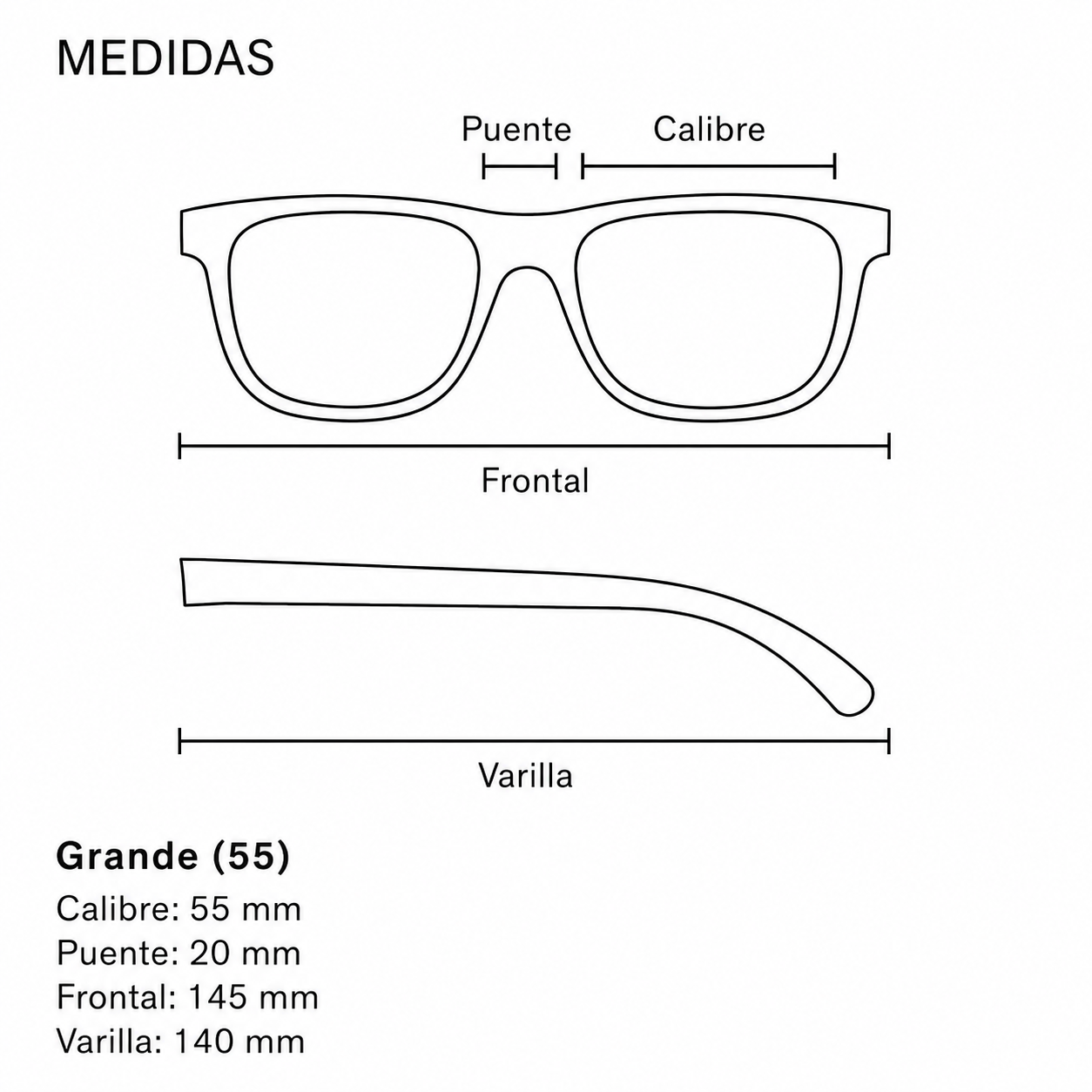 Guía de medidas de gafas de sol que muestra las dimensiones del modelo Gafas de Gol: calibre 55 mm, puente 20 mm, frontal 145 mm y varilla 140 mm, con diagramas frontal y lateral de la montura.
